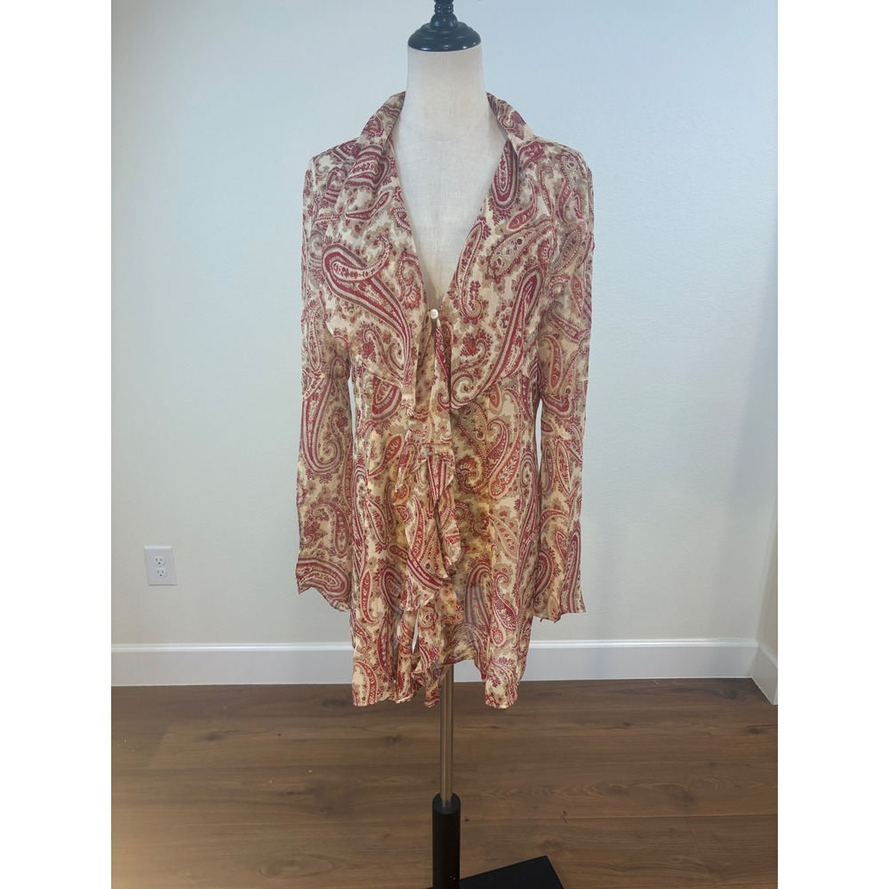 Vtg 90s Button Up Top 13/14 Red Silk Paisley Flare Boho retro 70s Indie sleaze